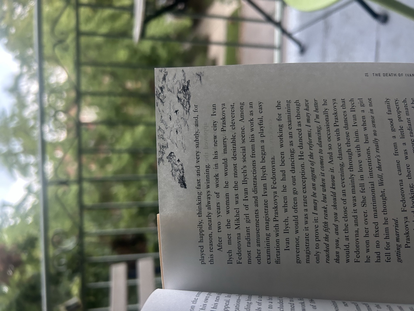 Reading The Death of Ivan Ilyich on a balcony, trees beyond the railing