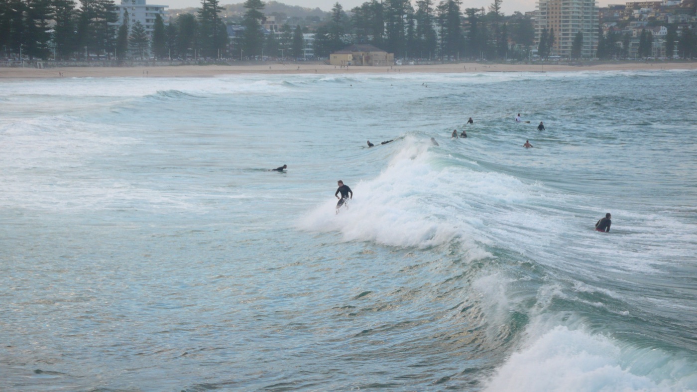 Surfers in gray-green waves off a beach